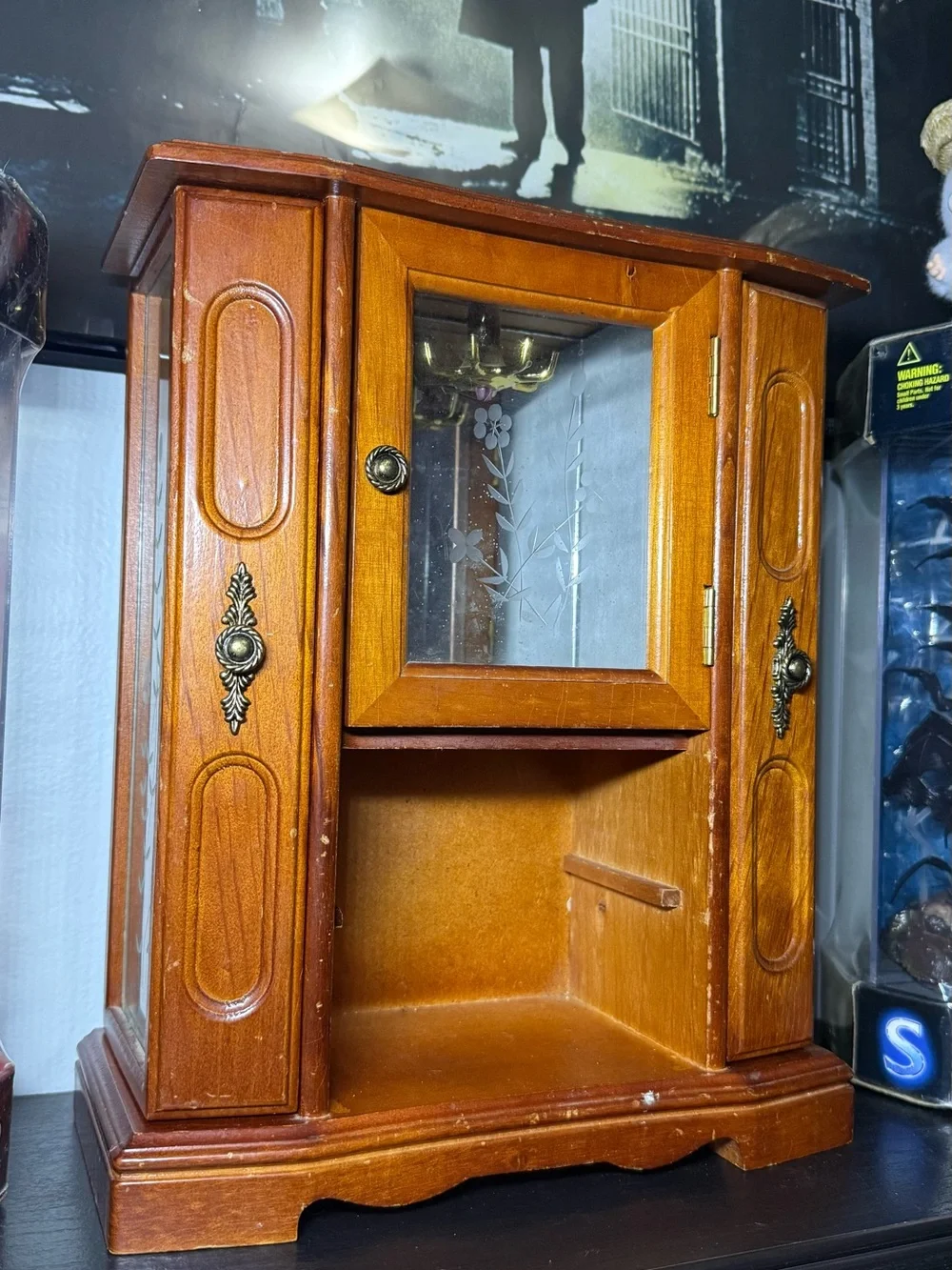 Vintage 1990s Wooden Jewelry Armoire Cabinet With Etched Flower On GlassCabinets